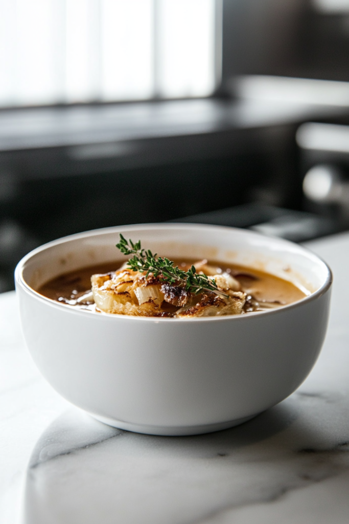 Oven-proof bowl filled with heated soup, topped with a thyme crouton and a slice of Swiss or Gruyere cheese. The bowls are placed under the broiler until the cheese melts and turns golden brown
