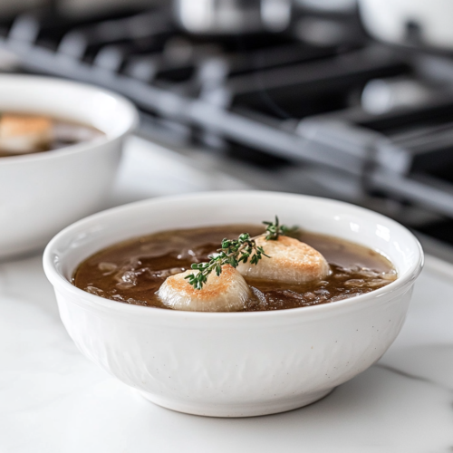 Oven-proof bowl filled with heated soup, topped with a thyme crouton and a slice of Swiss or Gruyere cheese. The bowls are placed under the broiler until the cheese melts and turns golden brown