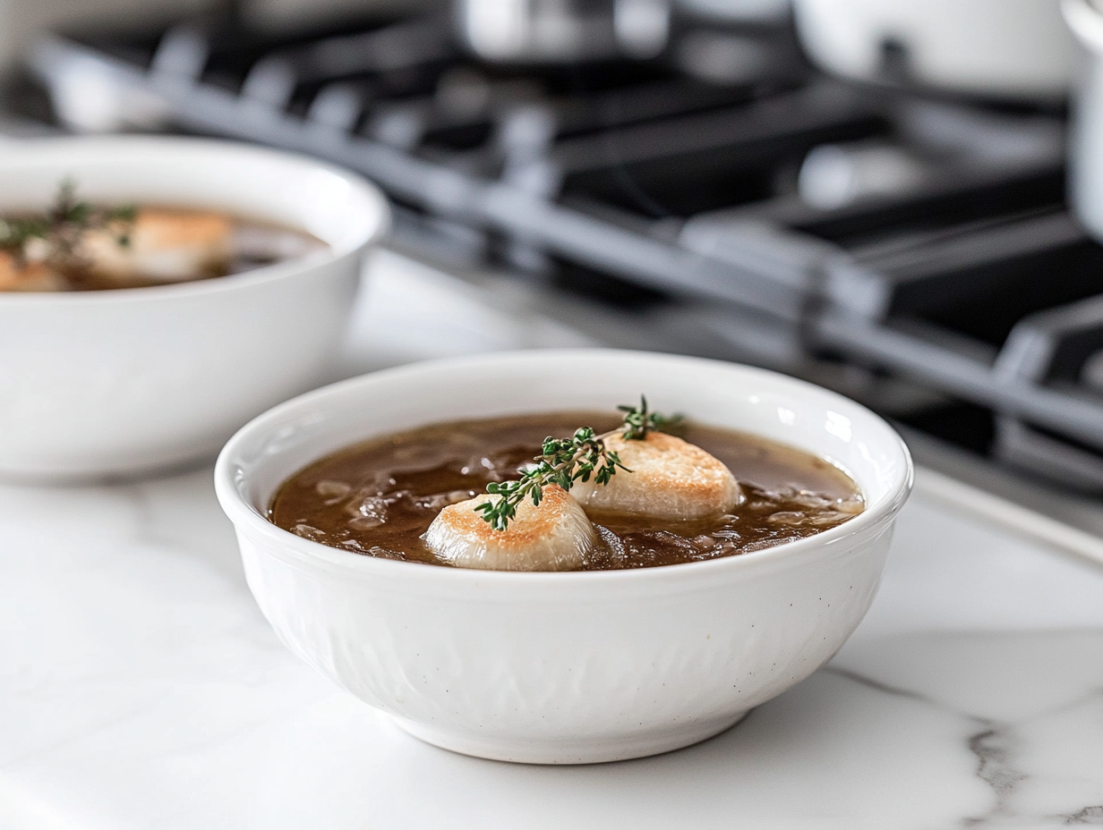 Oven-proof bowl filled with heated soup, topped with a thyme crouton and a slice of Swiss or Gruyere cheese. The bowls are placed under the broiler until the cheese melts and turns golden brown