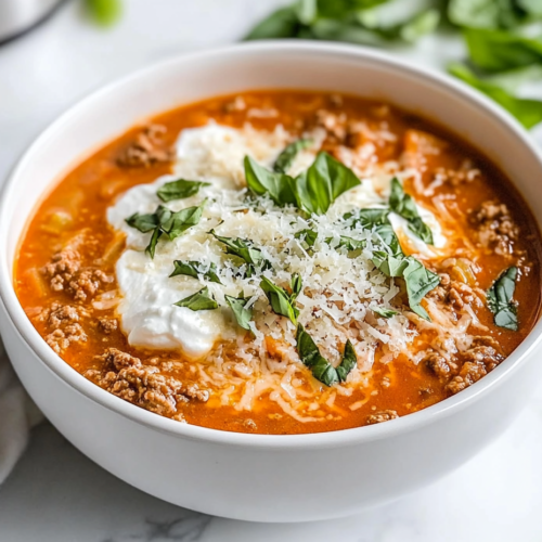 A bowl of the hot, creamy sauce served with a garnish of ricotta cheese, shredded Parmesan, and a sprinkle of freshly chopped basil, ready to enjoy
