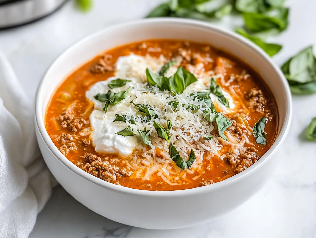 A bowl of the hot, creamy sauce served with a garnish of ricotta cheese, shredded Parmesan, and a sprinkle of freshly chopped basil, ready to enjoy