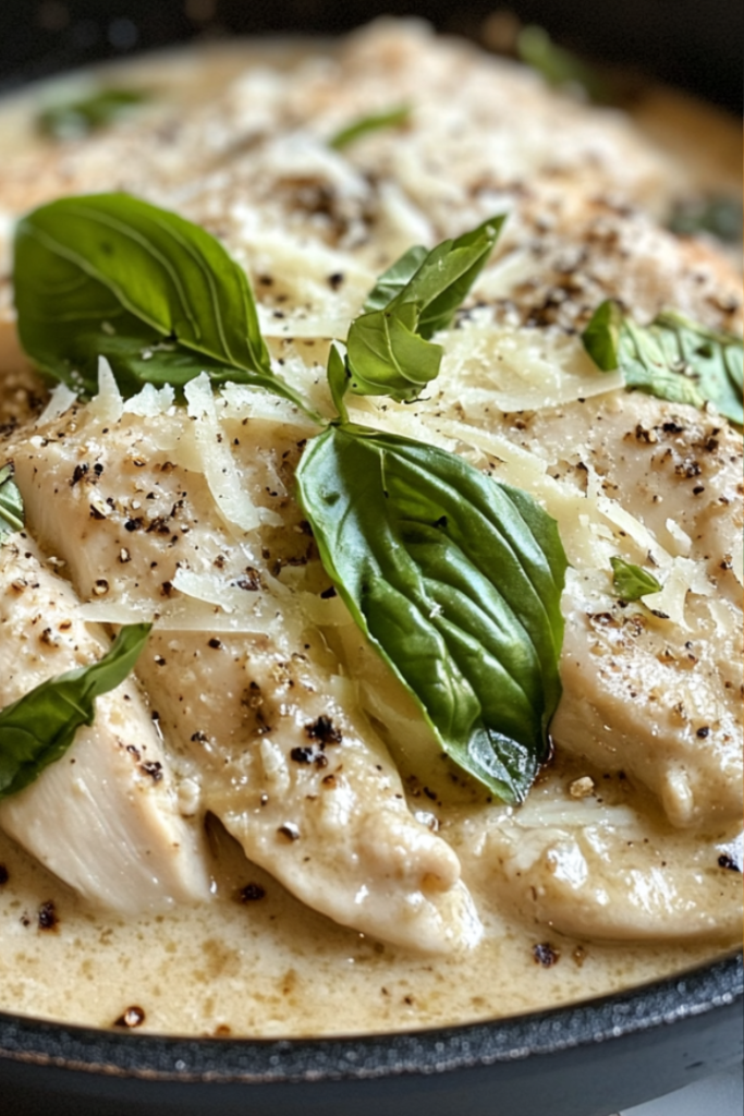 Close-up shot of the finished Marry Me Chicken in the skillet, topped with fresh basil leaves and sprinkled with shredded Parmesan. The dish is simmering in the creamy sauce and is ready to be served from the skillet on the white marble cooktop