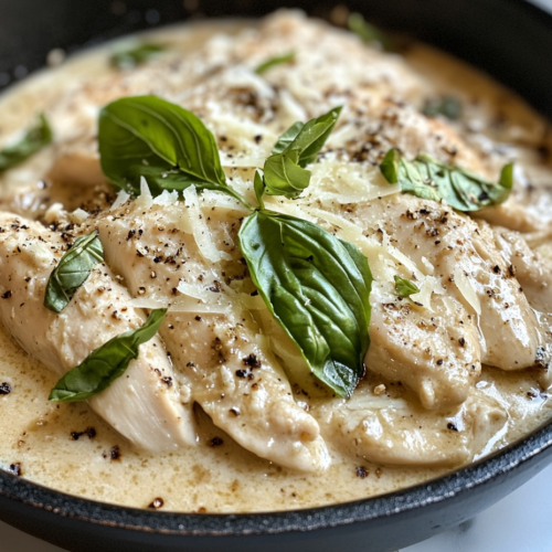 Close-up shot of the finished Marry Me Chicken in the skillet, topped with fresh basil leaves and sprinkled with shredded Parmesan. The dish is simmering in the creamy sauce and is ready to be served from the skillet on the white marble cooktop