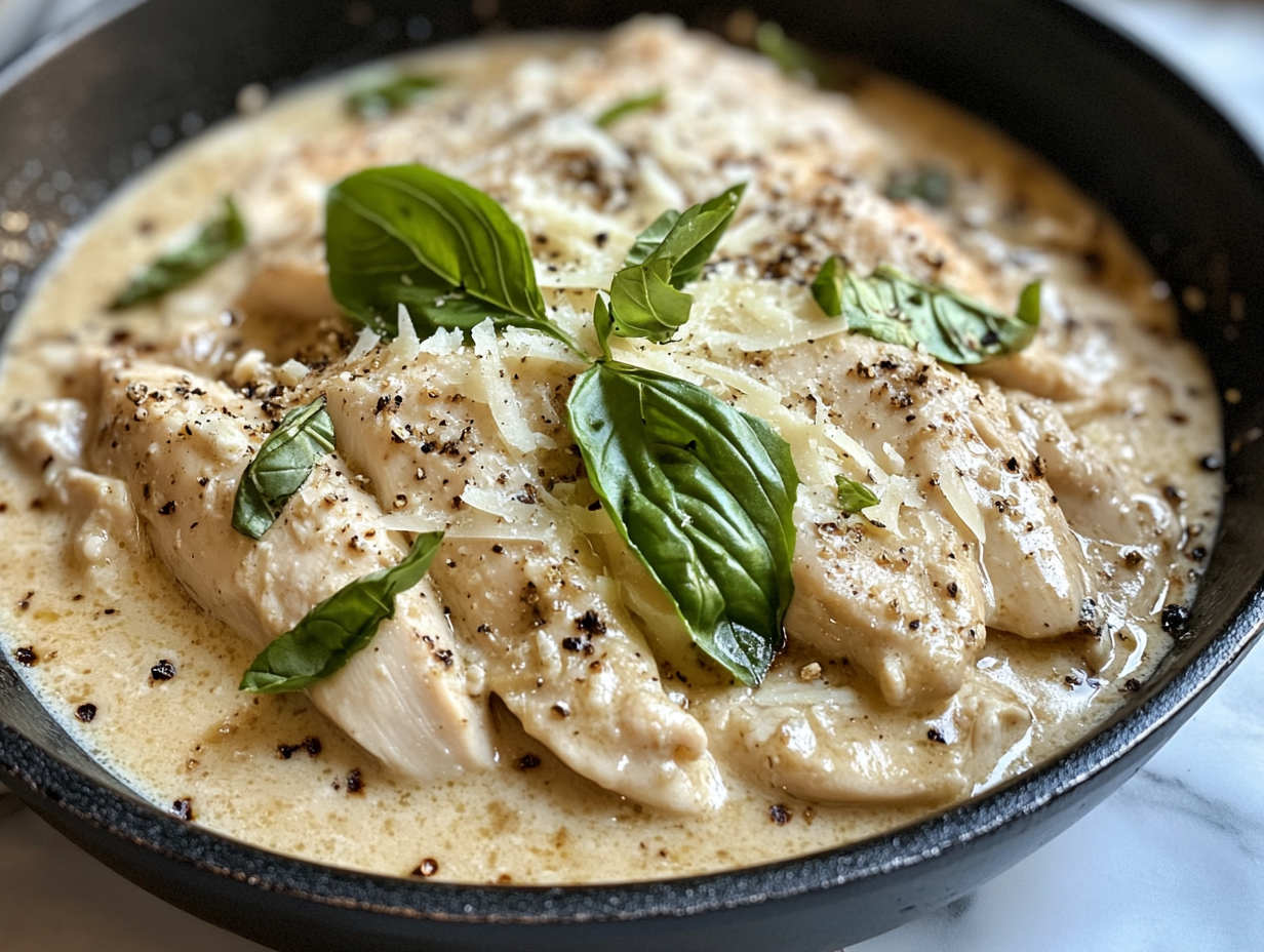 Close-up shot of the finished Marry Me Chicken in the skillet, topped with fresh basil leaves and sprinkled with shredded Parmesan. The dish is simmering in the creamy sauce and is ready to be served from the skillet on the white marble cooktop