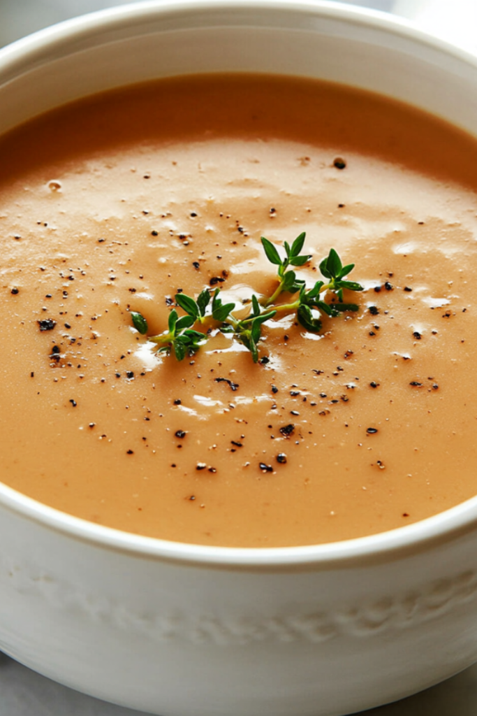 A bowl of creamy mushroom soup served warm, garnished with fresh thyme, ready to enjoy. A spoon rests on the side