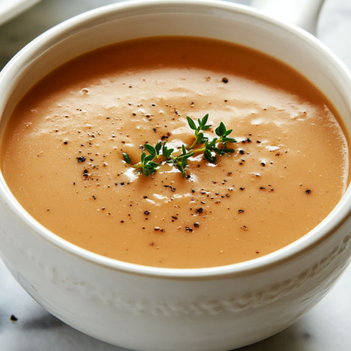 A bowl of creamy mushroom soup served warm, garnished with fresh thyme, ready to enjoy. A spoon rests on the side