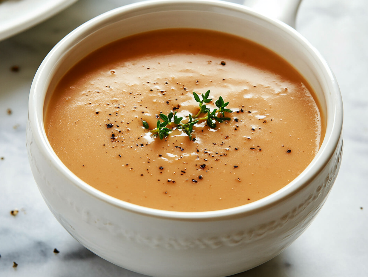 A bowl of creamy mushroom soup served warm, garnished with fresh thyme, ready to enjoy. A spoon rests on the side