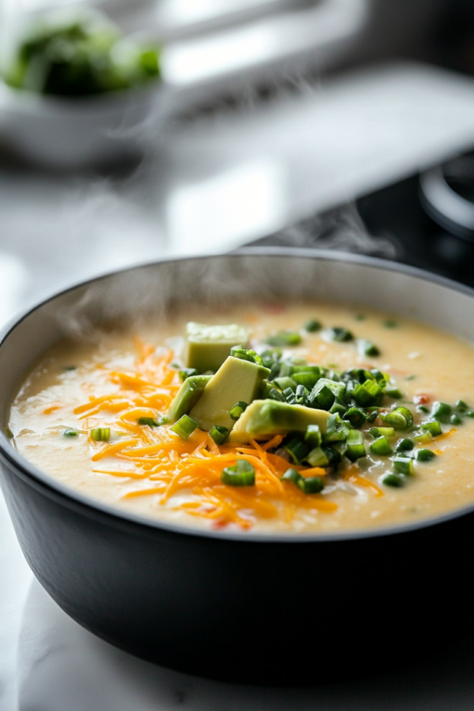 A bowl of creamy soup garnished with extra shredded cheese, fresh tomato chunks, sliced green onions, and chopped avocado, served hot and ready to enjoy