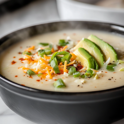 A bowl of creamy soup garnished with extra shredded cheese, fresh tomato chunks, sliced green onions, and chopped avocado, served hot and ready to enjoy