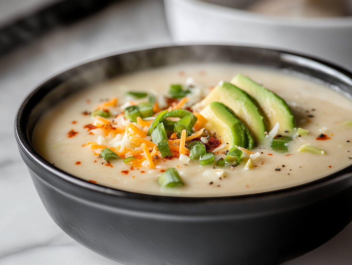 A bowl of creamy soup garnished with extra shredded cheese, fresh tomato chunks, sliced green onions, and chopped avocado, served hot and ready to enjoy