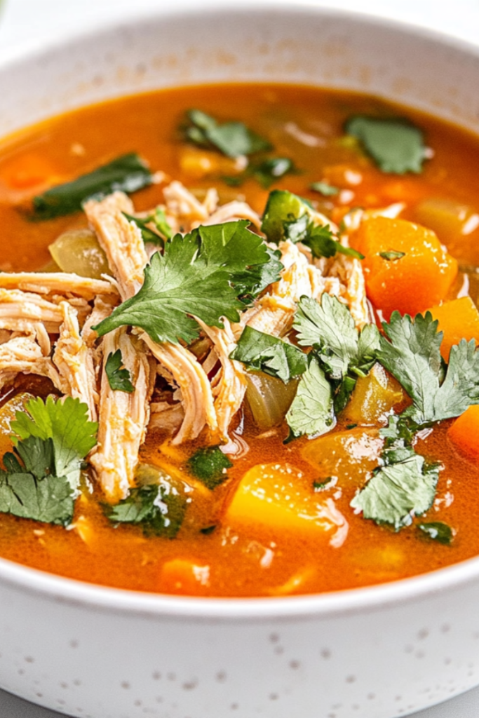Close-up of the finished soup in a bowl on a white marble cooktop, garnished with fresh cilantro and a squeeze of lime. The lemongrass stalk is removed, and the vibrant soup is ready to be enjoyed.