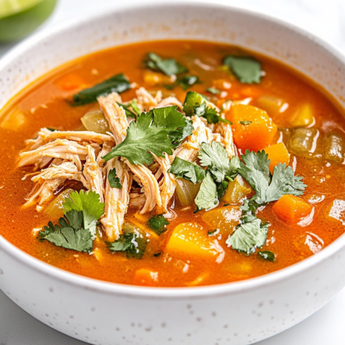 Close-up of the finished soup in a bowl on a white marble cooktop, garnished with fresh cilantro and a squeeze of lime. The lemongrass stalk is removed, and the vibrant soup is ready to be enjoyed.
