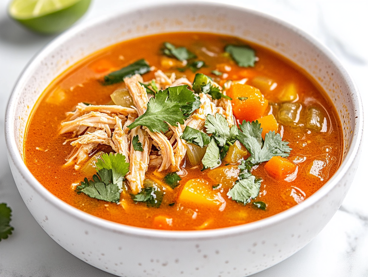 Close-up of the finished soup in a bowl on a white marble cooktop, garnished with fresh cilantro and a squeeze of lime. The lemongrass stalk is removed, and the vibrant soup is ready to be enjoyed.