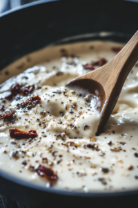 Close-up shot of a skillet with a creamy sauce made from heavy cream, Boursin cheese, Parmesan, and sun-dried tomatoes. The sauce is bubbling and smooth, with the ingredients blending together.