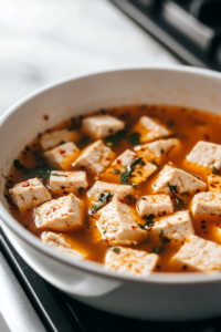 Close-up of tofu pieces torn into uneven bite-sized shapes soaking in a bowl of vegetable broth and hot sauce. A wooden spoon is partially submerged in the marinade