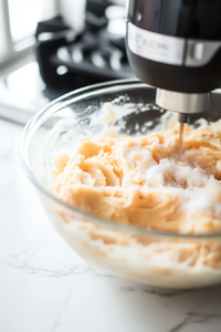 Mashed sweet potatoes in a large mixing bowl, smooth and creamy with a hand mixer blending in coconut milk, brown sugar, vanilla, cinnamon, ginger, nutmeg, salt, and cornstarch.