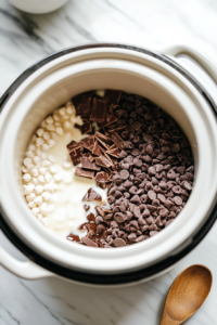 Close-up shot of a 5-quart slow cooker on the white marble cooktop, filled with white melting chocolate, sweet baking chocolate, and semi-sweet chocolate chips. The mixture is gently melting, with a wooden spoon resting beside the cooker.