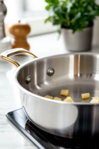Close-up shot of vegan butter melting in a medium-sized stainless steel pot on the white marble cooktop. Diced yellow onion is added, and the mixture sizzles as it softens and slightly browns