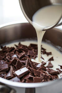A saucepan with simmering coconut milk, pouring over roughly-chopped dark chocolate. The chocolate starts to melt and swirl into a glossy mixture.