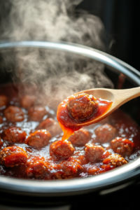 A wooden spoon stirring the meatballs in the slow cooker, evenly coating them in the BBQ and grape jelly mixture, with steam rising from the mixture."
