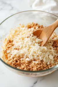 A large glass mixing bowl on a white marble cooktop filled with ground chicken, eggs, parmesan, mozzarella, garlic powder, onion powder, paprika, and salt. A wooden spoon mixes the ingredients thoroughly.