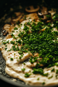 Close-up shot of vegan sour cream and chopped parsley being stirred into the thickened mushroom sauce in the black skillet, creating a creamy consistency.
