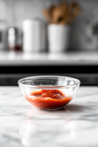 A small glass bowl on a white marble cooktop containing ketchup, Worcestershire sauce, and Sriracha being mixed into a smooth and vibrant spicy ketchup dip.