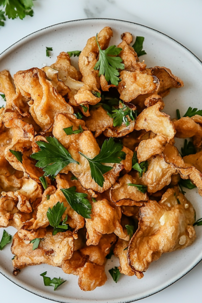 A serving plate of golden-fried oyster mushrooms arranged neatly, garnished with fresh parsley. A small bowl of dipping sauce sits beside the plate on a rustic table setting with a napkin, fork, and a glass of lemonade.