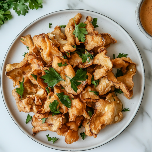 A serving plate of golden-fried oyster mushrooms arranged neatly, garnished with fresh parsley. A small bowl of dipping sauce sits beside the plate on a rustic table setting with a napkin, fork, and a glass of lemonade.