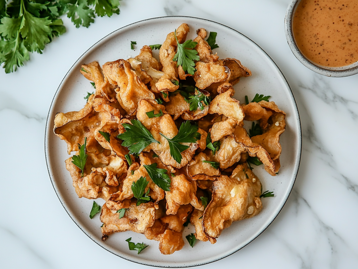 A serving plate of golden-fried oyster mushrooms arranged neatly, garnished with fresh parsley. A small bowl of dipping sauce sits beside the plate on a rustic table setting with a napkin, fork, and a glass of lemonade.