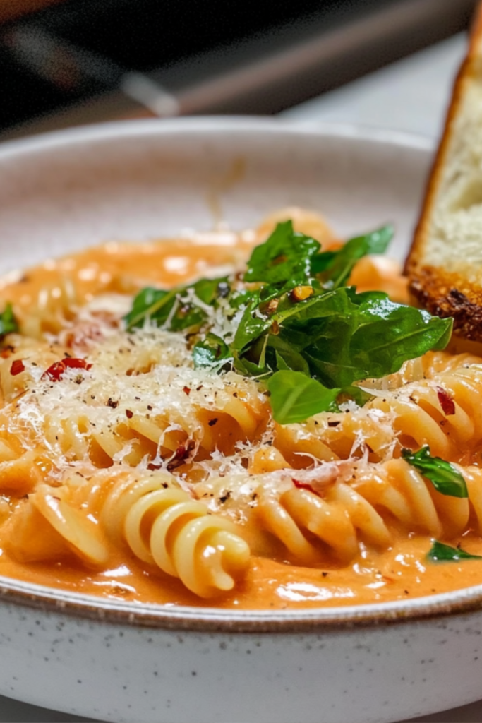 A beautifully plated creamy tomato pasta dish, served in a rustic white bowl. The cheese glistens, and the pasta spirals are coated in a rich, thick sauce. A side of garlic bread and a glass of wine sit nearby.