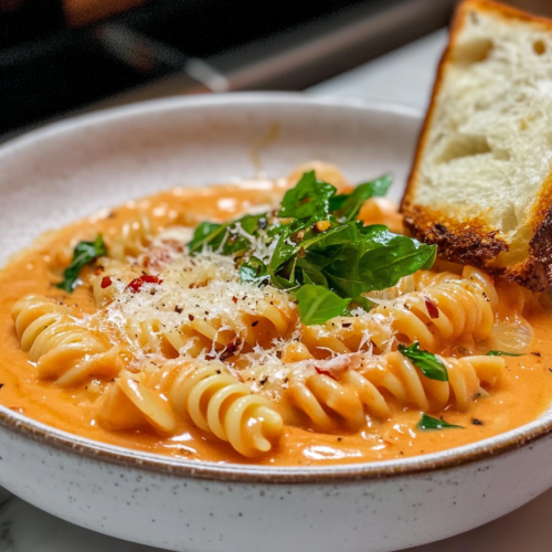 A beautifully plated creamy tomato pasta dish, served in a rustic white bowl. The cheese glistens, and the pasta spirals are coated in a rich, thick sauce. A side of garlic bread and a glass of wine sit nearby.