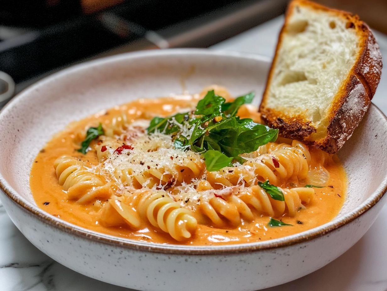 A beautifully plated creamy tomato pasta dish, served in a rustic white bowl. The cheese glistens, and the pasta spirals are coated in a rich, thick sauce. A side of garlic bread and a glass of wine sit nearby.