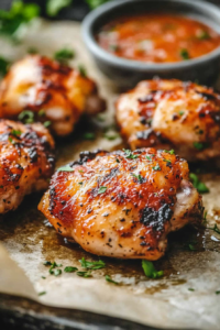 Golden-brown chicken thighs on a baking sheet lined with parchment paper, fresh from the oven. The skin is crispy and slightly charred at the edges, with a small bowl of the sauce in the background
