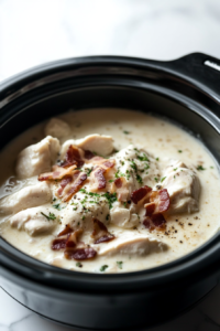 A close-up shot of a slow cooker on the white marble cooktop, with boneless skinless chicken breasts, cream cheese, ranch dressing mix, cooked and chopped bacon, and chicken broth added to the slow cooker. The ingredients are arranged before mixing together
