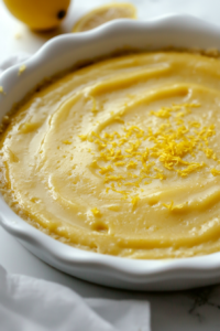 Close-up shot of the lemon pie filling being poured into the prepared cookie crust. The filling smoothly settles into the base, ready to be refrigerated and set. The pie dish is placed in the fridge to firm up.