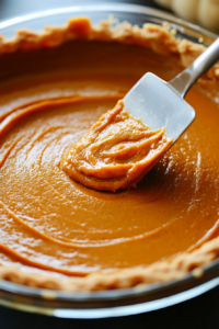 The smooth pumpkin mixture being poured into the prepared vegan pie crust. A spatula is being used to evenly spread and smooth the top of the filling.