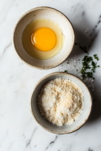 Close-up of two bowls on a white marble cooktop: one with beaten eggs, the other with a breading mix of almond flour, Parmesan, parsley, salt, onion powder, and garlic powder. A fork rests beside the bowls