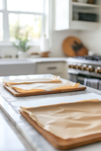 Close-up shot of a kitchen counter lined with parchment paper, with 3 baking sheets set up in preparation for candy-making. The white marble cooktop in the background is empty, ready for the process."