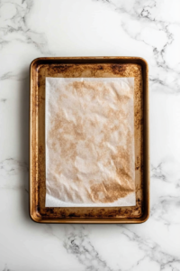 A parchment-lined baking sheet placed on a white marble cooktop, ready for chicken nuggets. The oven display in the background shows the temperature set to 425°F.