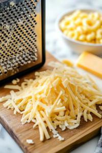 Close-up shot of sharp cheddar cheese being grated on a box grater, alongside thinly sliced American cheese, all on a wooden cutting board near a bowl of uncooked elbow macaroni on the white marble cooktop