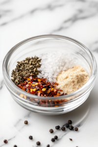Close-up shot of a small bowl filled with sea salt, cracked black pepper, garlic powder, onion powder, Italian herb blend, and red pepper flakes, arranged on a white marble cooktop. A spoon rests next to the bowl, ready to mix.