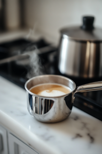 A steaming pitcher of almond milk, ready to be poured into a mug for a hot sugar cookie latte.