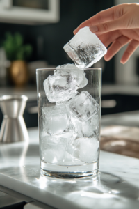 A tall glass filled with ice, ready for sugar cookie syrup, almond milk, and espresso to be added.