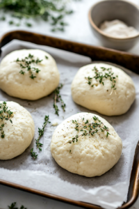 Easy keto dough being divided into balls, pressed into discs, and placed on a parchment-lined baking sheet. Fresh thyme leaves are pressed into each disc before baking