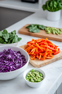 A countertop filled with colorful vegetables: a bowl of shredded purple cabbage, a cutting board with thinly sliced red bell pepper, baby spinach, and a small bowl of microwaved edamame, ready to be added to the dish.