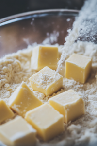 Cold vegan butter cubes in a food processor with flour and sea salt, being pulsed into a crumbly mixture. A small stream of ice-cold water is being added as the dough begins to form.