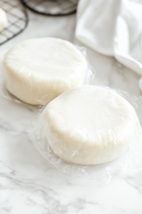 "Close-up shot of two dough discs wrapped in plastic wrap, placed on a white marble surface. The dough looks smooth and ready to chill in the refrigerator.