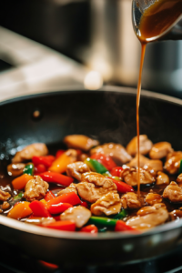 Close-up shot of the chicken being returned to the skillet with vegetables, and the stir fry sauce being poured in, bubbling and thickening.