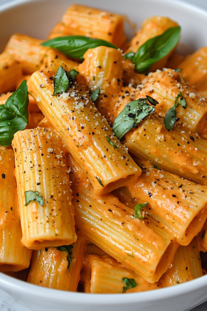 A bowl of rigatoni pasta tossed in velvety roasted red pepper cashew sauce, garnished with fresh basil and cracked black pepper, ready to be served.